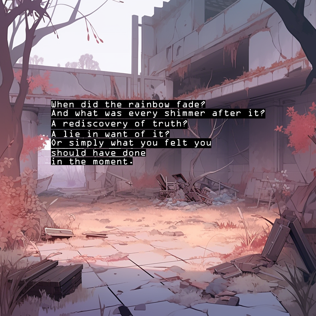 When did the rainbow fade? And what was every shimmer after it? A rediscovery of truth? A lie in want of it? Or simply what you felt you should have done in the moment.