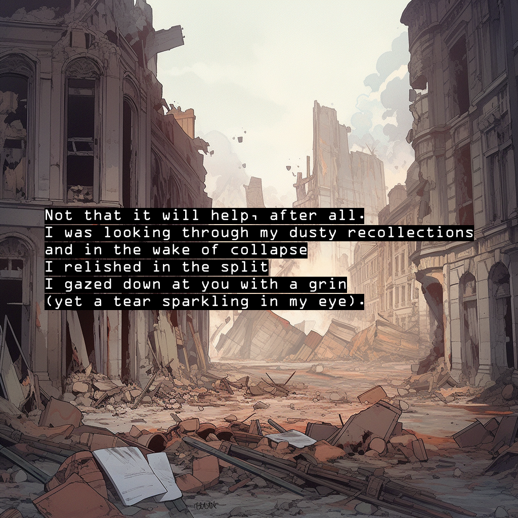 Not that it will help, after all. I was looking through my dusty recollections and in the wake of collapse I relished in the split. I gazed down at you with a grin (yet a tear sparkling in my eye).