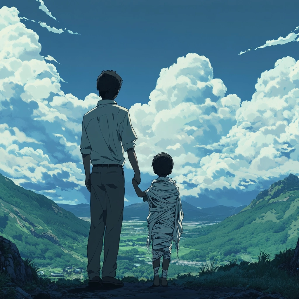 A man, holding the hand of a boy covered in bandages. The two stand in a lush valley, staring up at a blue sky filled with clouds.